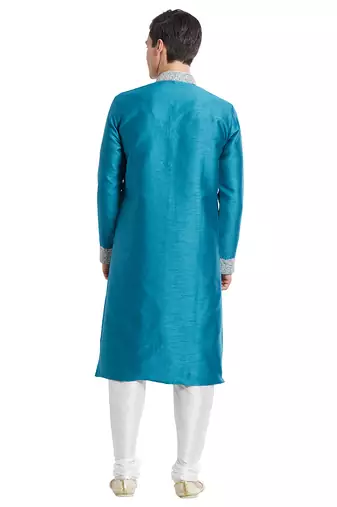 Rama green art silk straight embroidery kurta for men's