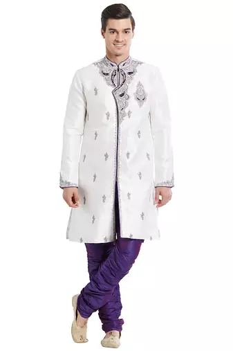 Off white silk straight embroidery with handwork indisherwani for men's