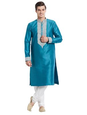 Rama green Art silk straight embroidery kurta for men's 5