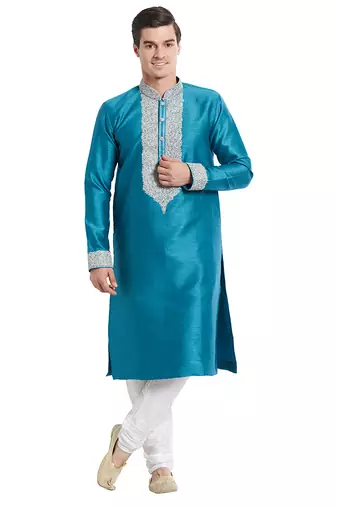 Rama green art silk straight embroidery kurta for men's