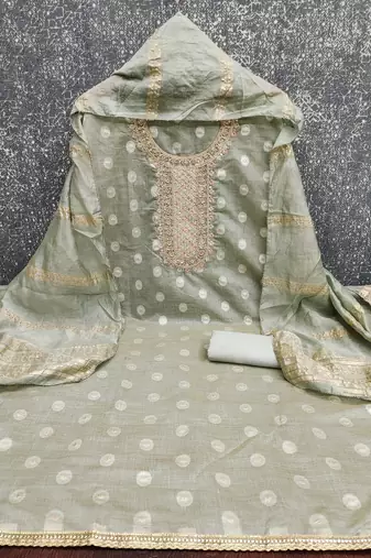 Embroidered unstitched salwar suit with woven dupatta