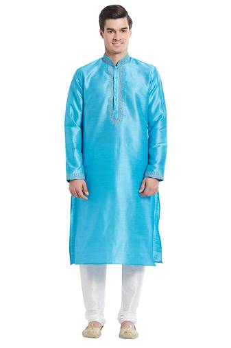 Firozi art silk straight embroidery kurta for men's
