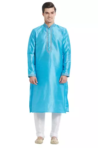 Firozi art silk straight embroidery kurta for men's
