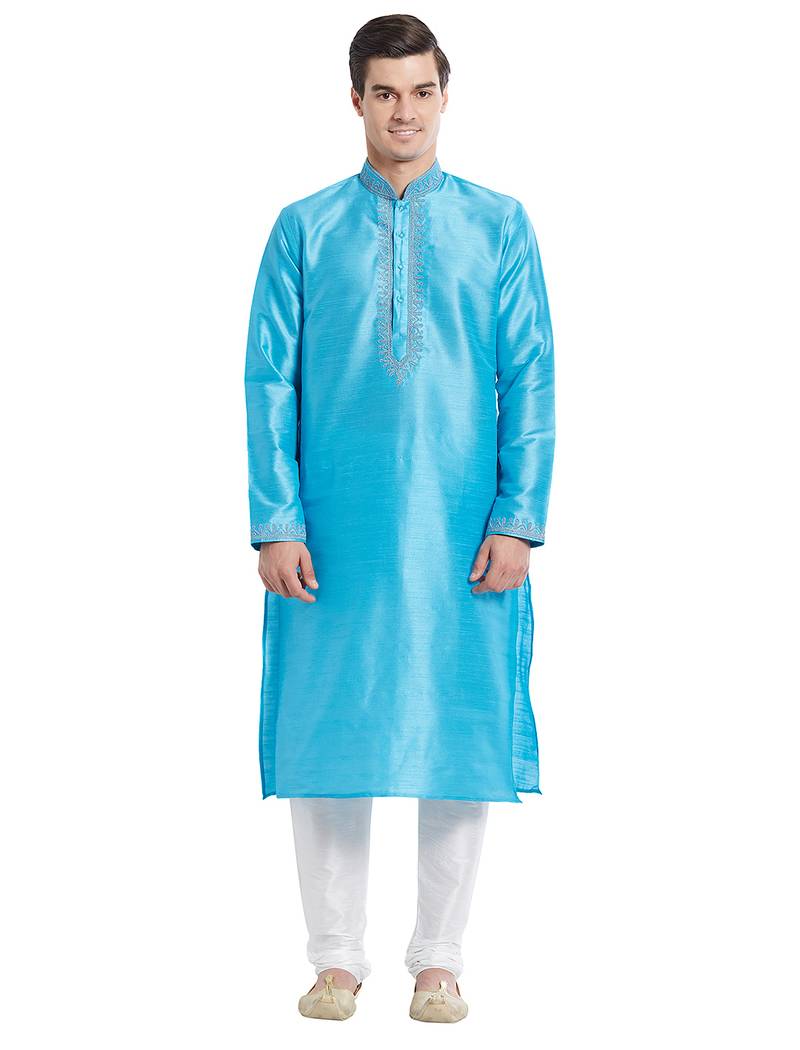 Firozi art silk straight embroidery kurta for men's