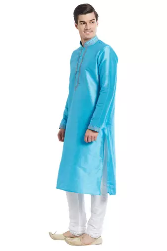 Firozi art silk straight embroidery kurta for men's