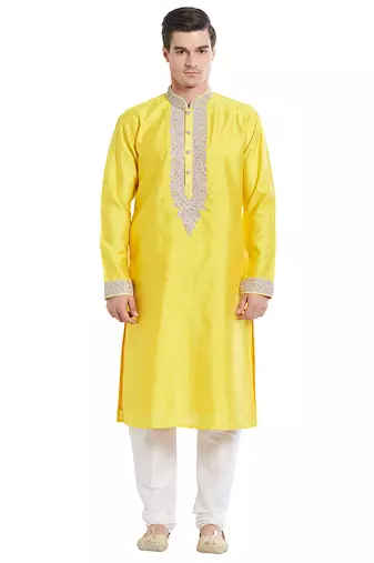Yellow art silk straight embroidery kurta for men's