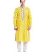 Yellow art silk straight embroidery kurta for men's