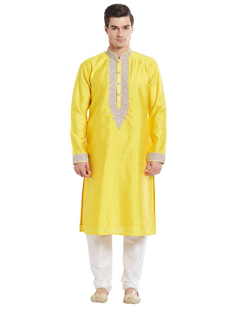 Yellow art silk straight embroidery kurta for men's