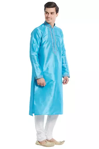 Firozi art silk straight embroidery kurta for men's