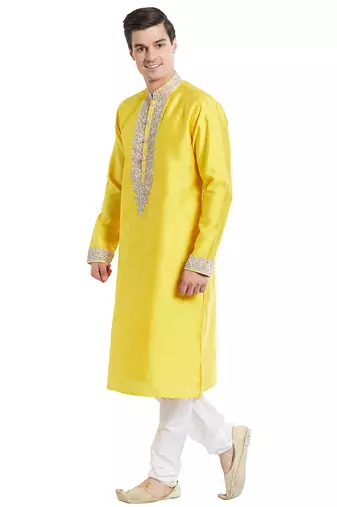 Yellow art silk straight embroidery kurta for men's