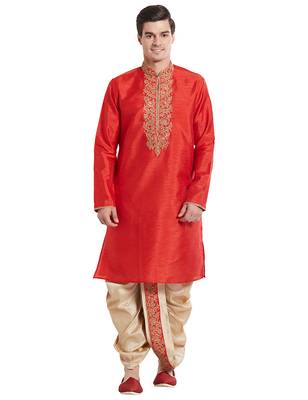 Red Art silk straight embroidery kurta for men's 1
