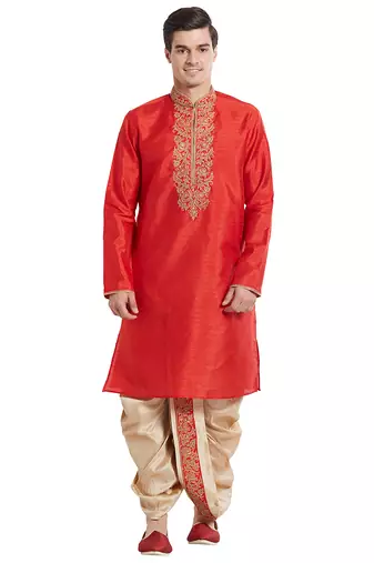 Red art silk straight embroidery kurta for men's