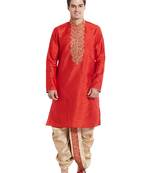 Red art silk straight embroidery kurta for men's
