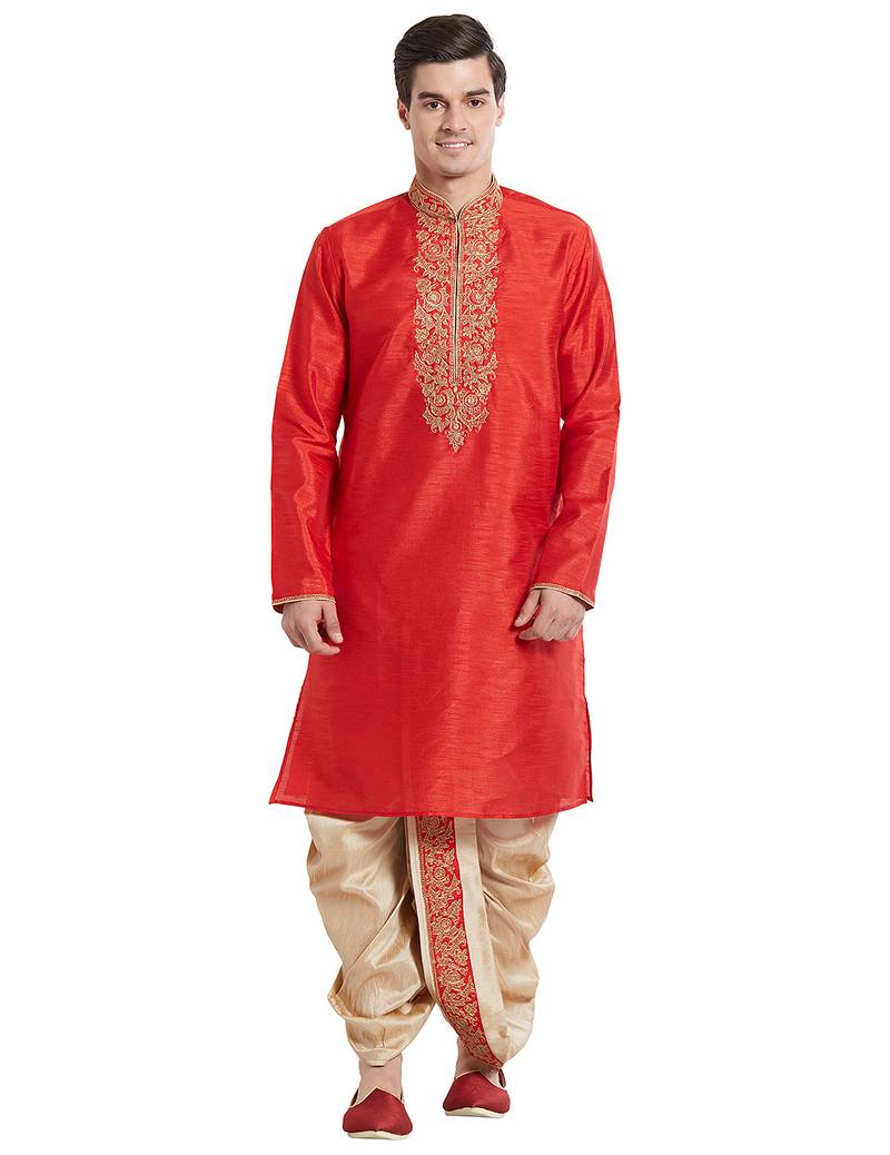 Red art silk straight embroidery kurta for men's
