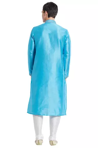 Firozi art silk straight embroidery kurta for men's