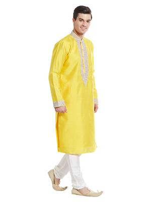 Yellow Art silk straight embroidery kurta for men's 3
