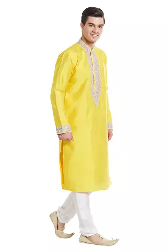 Yellow art silk straight embroidery kurta for men's