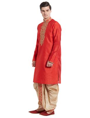 Red Art silk straight embroidery kurta for men's 2