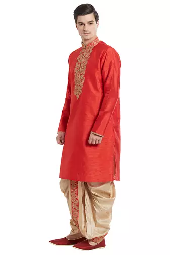 Red art silk straight embroidery kurta for men's
