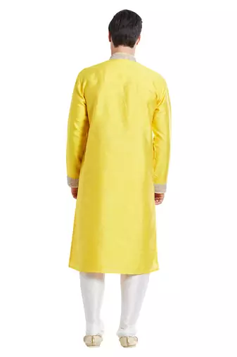 Yellow art silk straight embroidery kurta for men's
