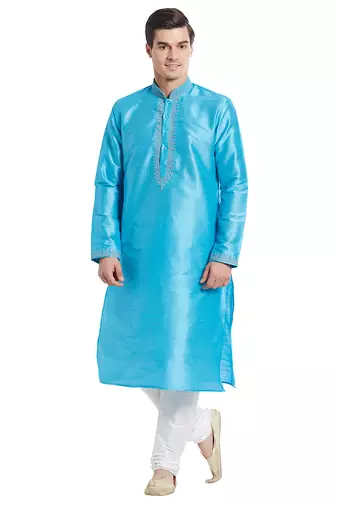 Firozi art silk straight embroidery kurta for men's