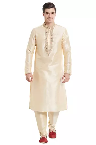 Fawn art silk straight embroidery kurta for men's