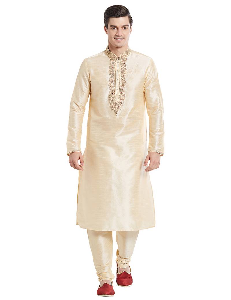 Fawn art silk straight embroidery kurta for men's