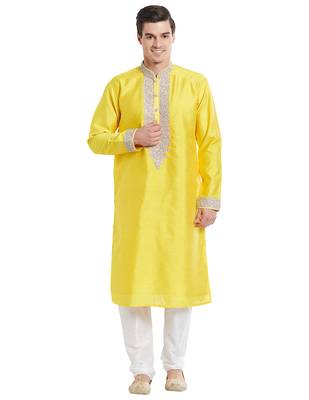 Yellow Art silk straight embroidery kurta for men's 5