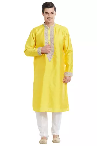 Yellow art silk straight embroidery kurta for men's