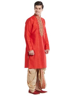 Red Art silk straight embroidery kurta for men's 3