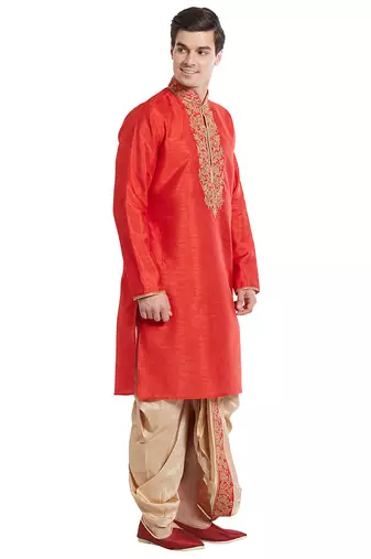 Red art silk straight embroidery kurta for men's