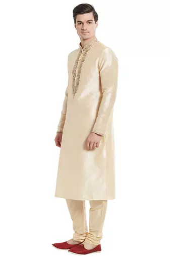 Fawn art silk straight embroidery kurta for men's