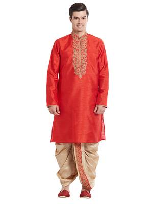 Red Art silk straight embroidery kurta for men's 4
