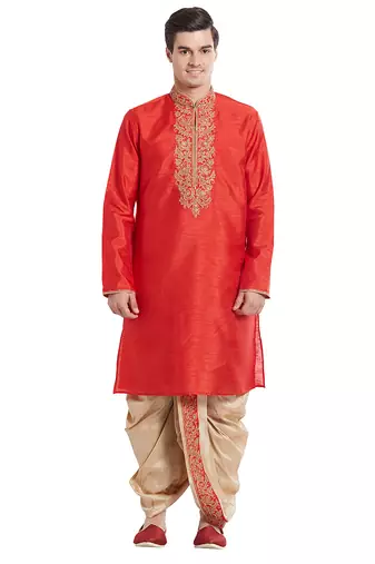 Red art silk straight embroidery kurta for men's