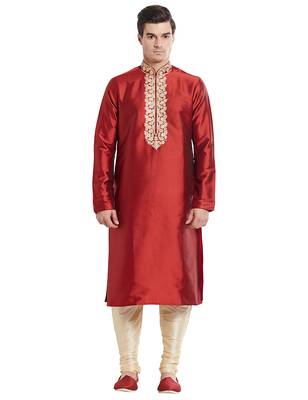 Maroon Art silk straight embroidery kurta for men's 1