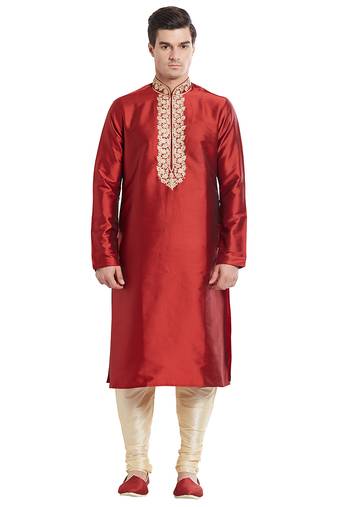 Maroon art silk straight embroidery kurta for men's