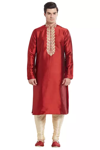 Maroon art silk straight embroidery kurta for men's