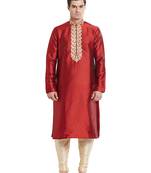 Maroon art silk straight embroidery kurta for men's