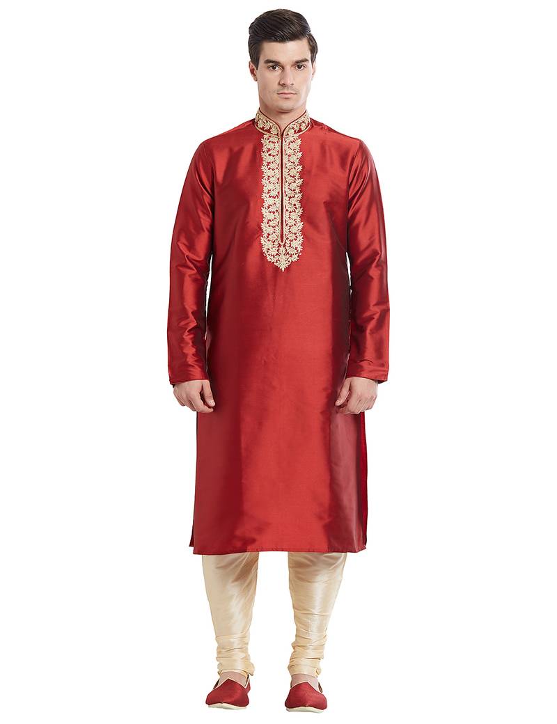 Maroon art silk straight embroidery kurta for men's