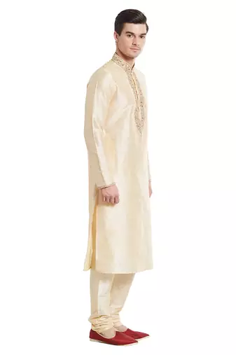Fawn art silk straight embroidery kurta for men's