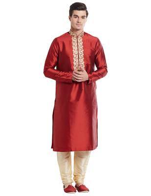 Maroon Art silk straight embroidery kurta for men's 2