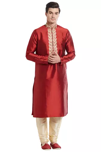 Maroon art silk straight embroidery kurta for men's