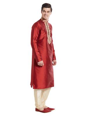 Maroon Art silk straight embroidery kurta for men's 3