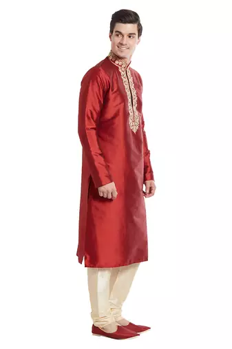 Maroon art silk straight embroidery kurta for men's