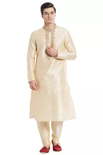 Fawn art silk straight embroidery kurta for men's
