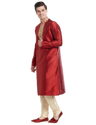 Maroon Art silk straight embroidery kurta for men's 5