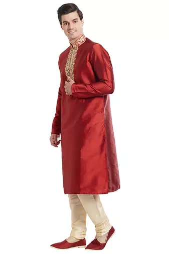Maroon art silk straight embroidery kurta for men's
