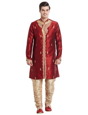Maroon silk blend straight embroidery with handwork indisherwani for men's 1