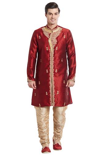 Maroon silk straight embroidery with handwork indisherwani for men's