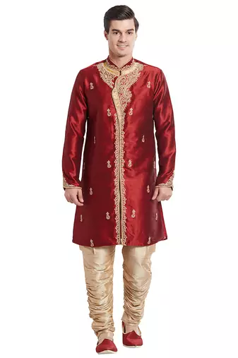 Maroon silk straight embroidery with handwork indisherwani for men's